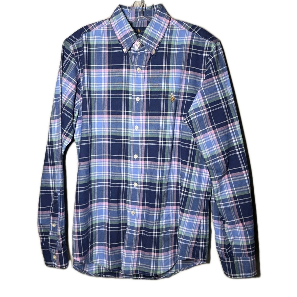 Ralph Lauren Shirt Mens Small Blue Green White Plaid  Button Down Long Sleeve